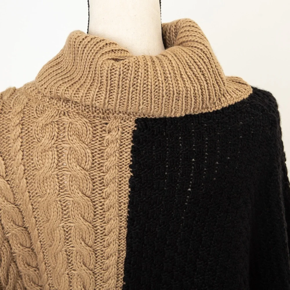 Cable knit sweater poncho black & camel XL/1X Brittany Humble